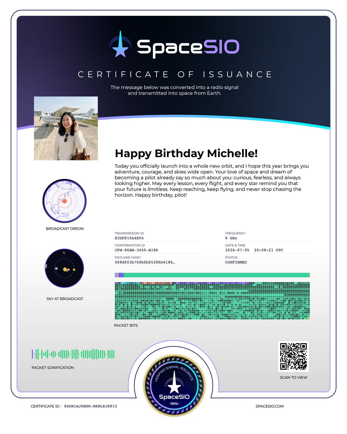 SpaceSIO Certificate of Issuance